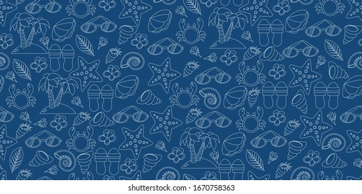 Seamless pattern of beach line elements.   Classic blue illustration in doodle style. Marine and summer theme.  Modern background for cover and  textile.