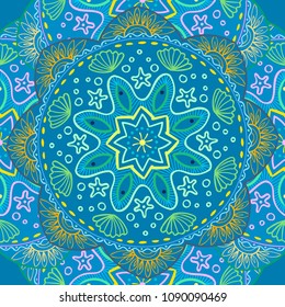 Seamless pattern with beach mandala. Ethnic mandala with decorative ornament, doodle fishes, wind. Vector illustration
