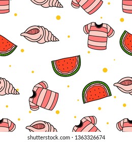 Seamless Pattern of beach Sea Shell, Watermelon and Beach T-Shirt hand drawn in cute colorfull doodle vector