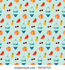 seamless pattern beach sea summer watermelon pineapple fruit food bikini bathing suit sunglasses beach ball on blue background wallpaper textiles vector