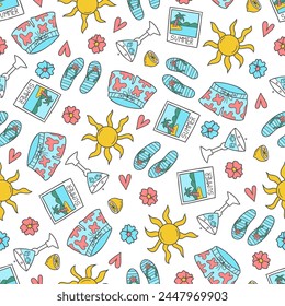 Seamless pattern with beach shorts, flip flops, lemon, cocktail, sun and flower. Summer background. Creative texture for fabric, paper. 