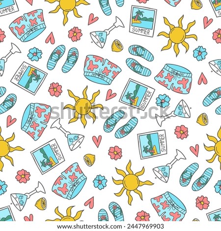 Seamless pattern with beach shorts, flip flops, lemon, cocktail, sun and flower. Summer background. Creative texture for fabric, paper. 