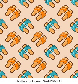 Seamless pattern with beach slippers. Cozy crossband house sandals. Plush comfort footwear top view. Cartoon vector style