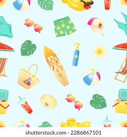 Seamless pattern with beach summer accessories on light blue background Vector illustration