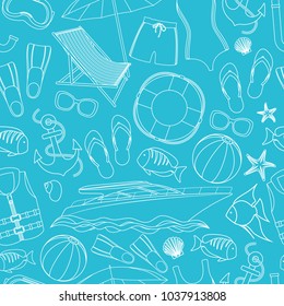 Seamless pattern of beach summer holidays accessories, cartoon illustration. Vector