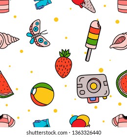 Seamless Pattern of Beach or Summer stuff icon objects hand drawn in Colorfull doodle vector