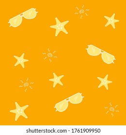 Seamless pattern of a beach or summer stuff like sunglasses, starfish and drawing sun.
