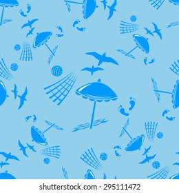 Seamless pattern with beach symbols on a blue background.