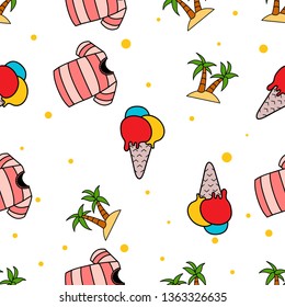 Seamless Pattern of beach t-shirt, Ice Cream and palm tree hand drawn in cute colorfull doodle vector