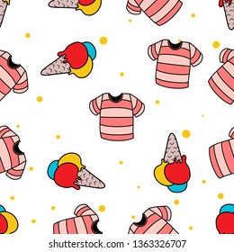 Seamless Pattern of beach T-shirt and Ice Cream hand drawn in cute colorfull doodle vector