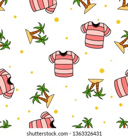 Seamless Pattern of Beach T-Shirt and Palm Tree hand drawn in cute colorfull doodle vector