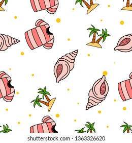 Seamless Pattern of beach t-shirt, sea shell and palm tree hand drawn in cute colorfull doodle vector