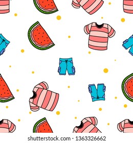 Seamless Pattern of beach Beach T-shirt, short cargo pant and Watermelon hand drawn in cute colorfull doodle vector