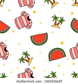 Seamless Pattern of beach t-shirt, watermelon and palm tree hand drawn in cute colorfull doodle vector