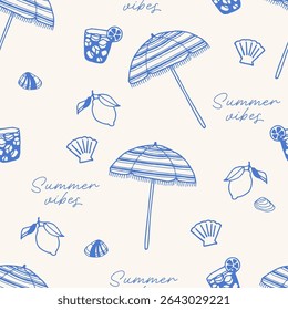Seamless pattern with beach umbrellas, citrus drinks, lemons, seashells, and handwritten text on light background. Hand-drawn style repeat surface. Summer vacation and tropical travel concept