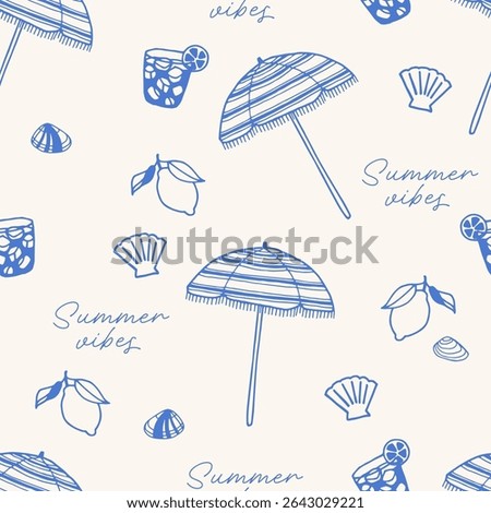 Seamless pattern with beach umbrellas, citrus drinks, lemons, seashells, and handwritten text on light background. Hand-drawn style repeat surface. Summer vacation and tropical travel concept