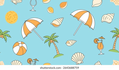Seamless pattern with beach umbrellas, palm trees, seashells, beach balls, tropical drinks, and suns in a cartoon style.
