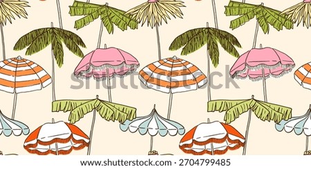 Seamless pattern with beach umbrellas.Tropical palm tree leaves parasols. Hand drawn ink vector illustration.Elements for poster, social media, banners, invitation.Trendy coastal summer sketch.