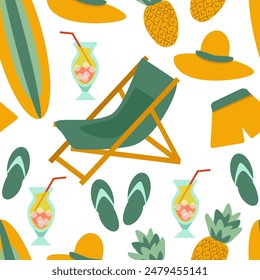 Seamless pattern beach vacation - folding chair, cocktails with ice in glass goblets with straws, pineapples, shorts, surfboard, brimmed hat and flip-flops on white background 