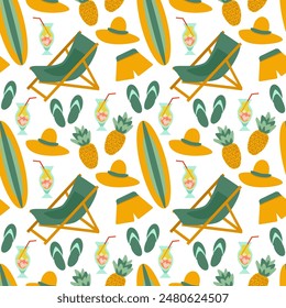 Seamless pattern beach vacation - folding chair, cocktails with ice in glass goblets with straws, pineapples, shorts, surfboard, brimmed hat and flip-flops on white background 