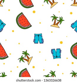 Seamless Pattern of beach watermelon, short cargo pant and palm tree hand drawn in cute colorfull doodle vector