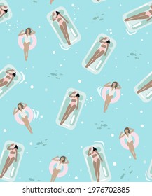 
Seamless pattern beach waves, surfing, ocean, summer, girls, waves