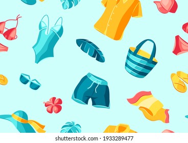 Seamless pattern with beachwear and swimwear. Summer clothes and accessories. Seasonal sale or fashion background for advertising.