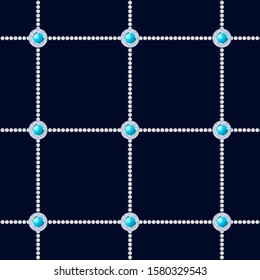 Seamless pattern with beads and crystals on a dark blue background.