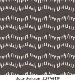 Seamless pattern with beads of fangs and teeth hanging from rope on dark background. Print with Halloween party decoration or necklace. Suitable for postcard, textile and design. Vector illustration