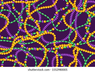 Seamless pattern with beads in Mardi Gras colors. Carnival background for traditional holiday or festival.