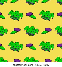 Seamless pattern with beads, masks and other attributes in the colors of the Mardi Gras festival