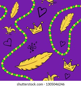 Seamless pattern with beads, masks and other attributes in the colors of the Mardi Gras festival