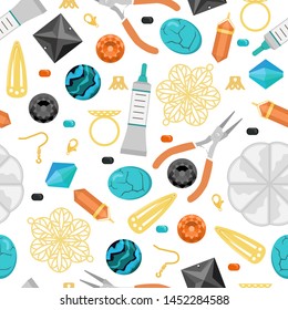 A seamless pattern with beads, tools to create jewelry, cabochons, rhinestones.