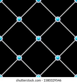 Seamless pattern with beads, turquoise, crystals and pearls on a dark background. Textile pattern, print pattern. 3D vector illustration for fabric design, scrapbooking, wrapping. Jewelry background. 