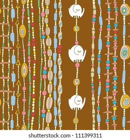 Seamless pattern with beads and white elephants. Vector colorful texture of beads