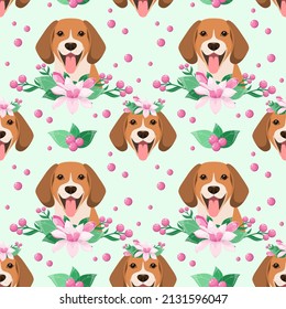 Seamless pattern with a beagle dog and magnolia flowers. Cartoon design.
