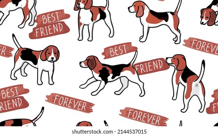 Seamless pattern with Beagle dogs in cartoon and hand lettered text.Background with animal characters for printing on fabrics and paper.Hand drawn vector isolated illustration for design cards,cover.