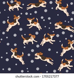 Seamless pattern beagle dogs catch snowflakes. Vector graphics.	
