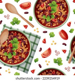 Seamless pattern with bean soup. National Mexican food. Suitable for decorating menus, restaurants, flyers, coupons