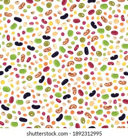 Seamless pattern of beans and legumes. Kitchen, cooking print. Chickpea, kidney bean, mung, soy, lentils, pinto beans, adzuki, lima beans. Organic food. Hand drawn cartoon vector illustration