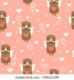 Seamless pattern with bear and angel wings. Design of packaging paper, fabrics, and clothing. Cute bear on pink background with heart. Vector seamless illustration with a wild animal.