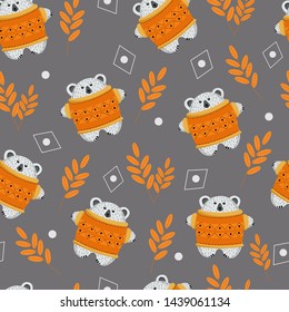 Seamless pattern bear and autumn harvest. Set of mushrooms, apples, berries, honey, leaves for the design of wallpaper, wrappers, packages, fabrics, prints, cards