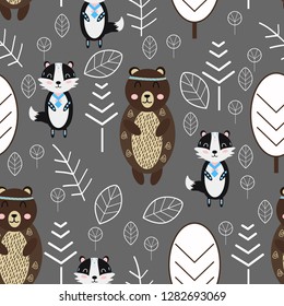 seamless pattern with bear and badger in forest Scandinavian style - vector illustration, eps