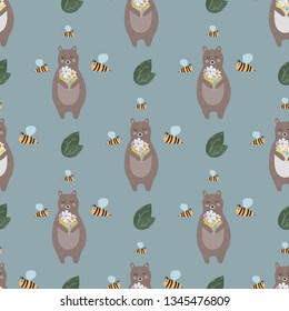  Seamless pattern bear and bees. Creative kids texture for fabric, wrapping, textile, wallpaper.