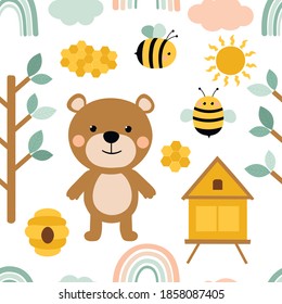 Seamless pattern Bear bees honey vector illustration. Pink and blue trees cloud rainbow