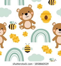 Seamless pattern Bear bees honey vector illustration. 