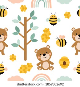 Seamless pattern Bear bees honey vector illustration. Pink and blue trees cloud rainbow