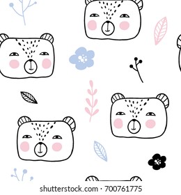 Seamless pattern with bear, branches and flowers. Hand drawn characters. Cute cartoon background for kids. Childish texture for paper, textile print, page fill, nursery design. Outline vector