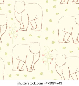 Seamless pattern: Bear and branches of raspberry bushes, the leaves in the forest. Bear background. Hand drawing. Vector illustration.