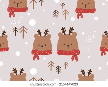 Seamless pattern with bear cartoons, snow, pine tree on Christmas night background vector illustration.